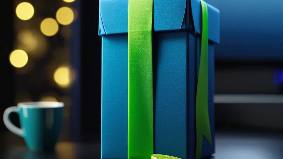 Caja de regalo azul con moño verde limón sobre un celular y monedas doradas