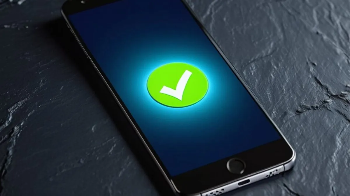 Celular sobre una mesa de pizarra con una marca de verificación verde en pantalla azul