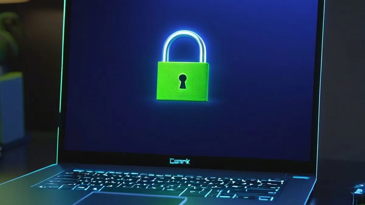 Laptop con un candado verde limón luminoso en la pantalla azul