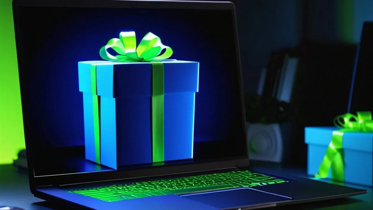 Laptop con una caja de regalo azul y moño verde limón en la pantalla