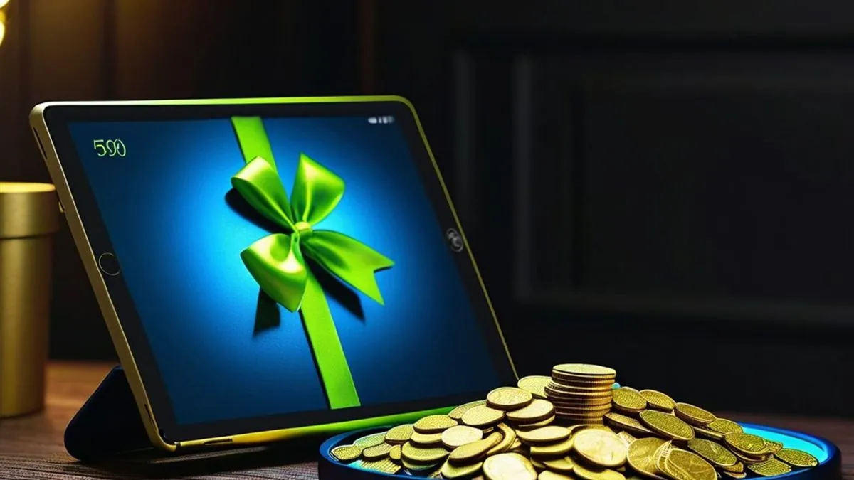 Tablet con un moño verde limón en pantalla azul junto a una bandeja de monedas doradas