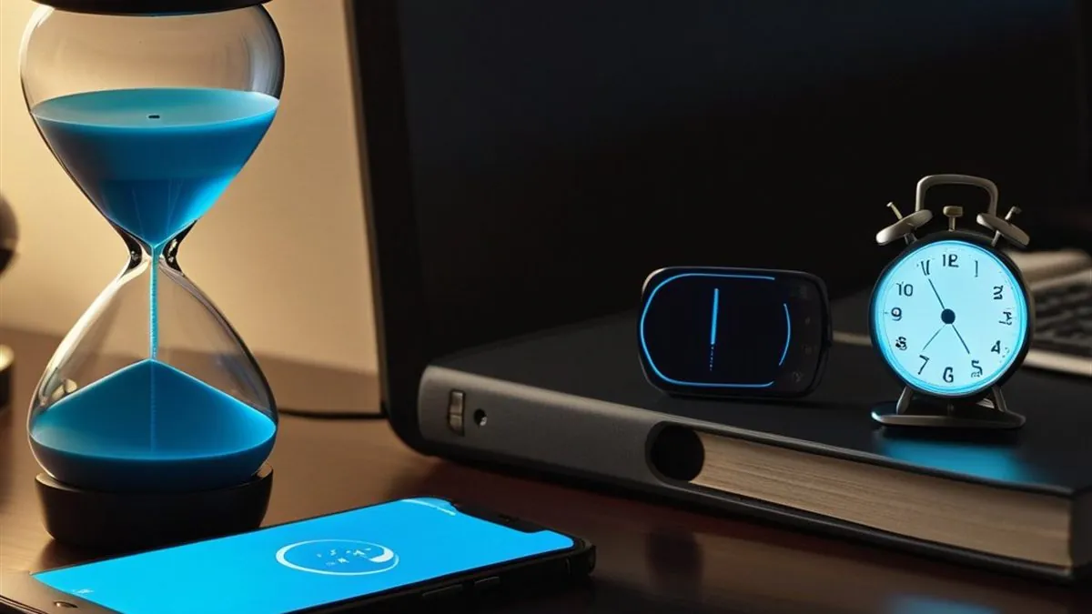 Reloj de arena azul junto a un celular y un despertador sobre un escritorio oscuro